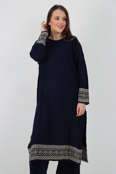 Italain Knitted Ribbed Contrast Trim Winter Co - Ord Set