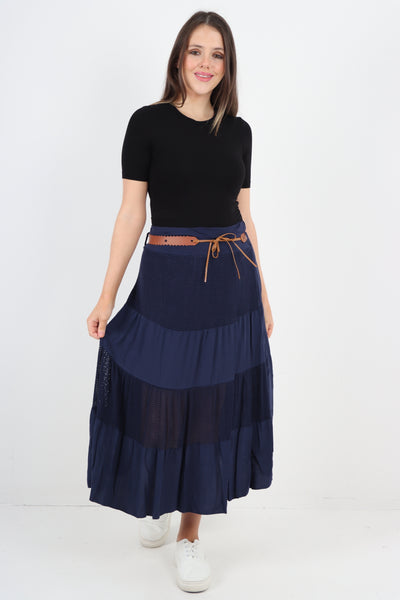 Italian Waist Belted Midi Length Tiered Skirt