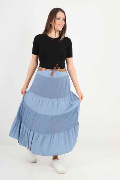 Italian Waist Belted Midi Length Tiered Skirt