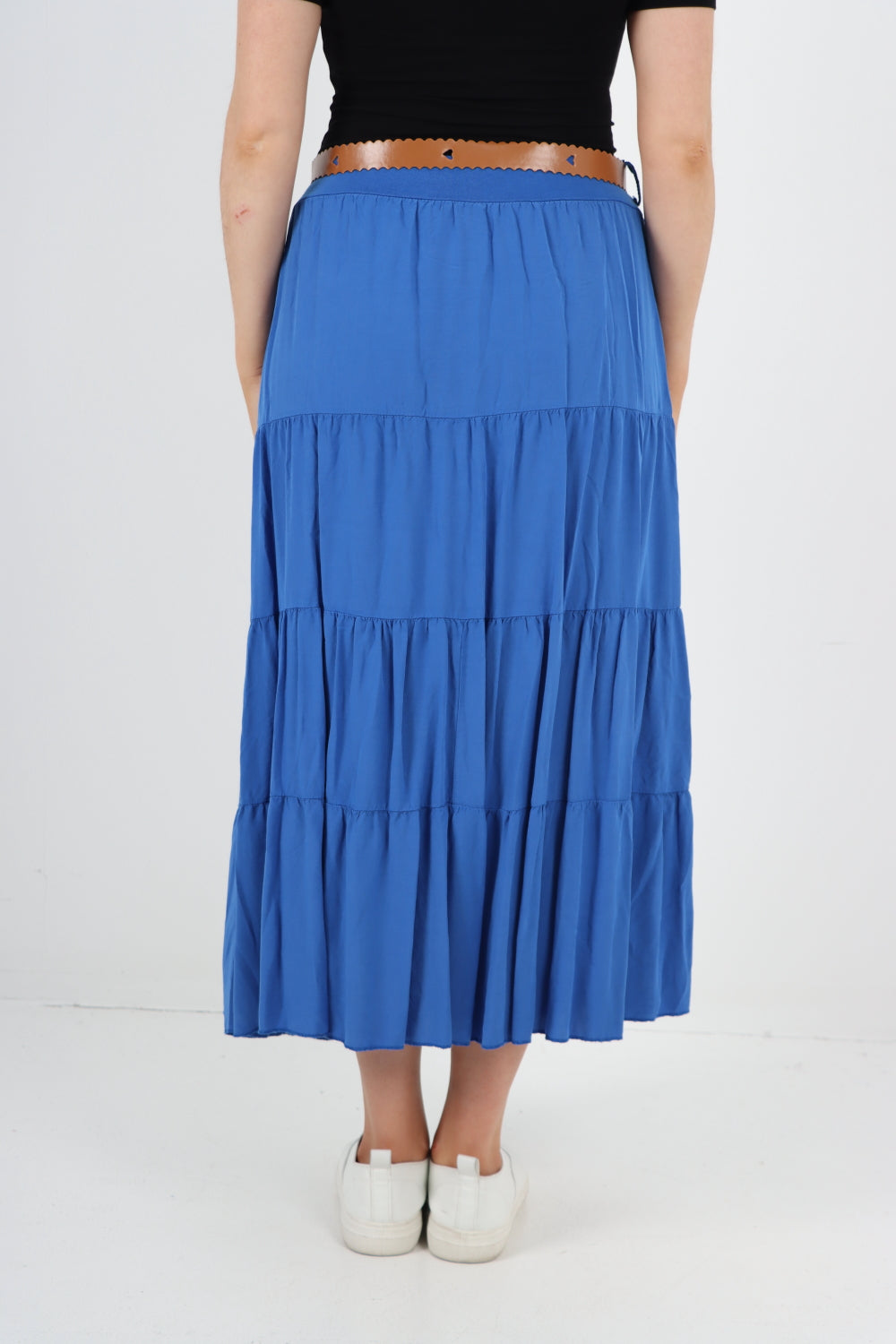 Italian Waist Belted Midi Length Tiered Skirt