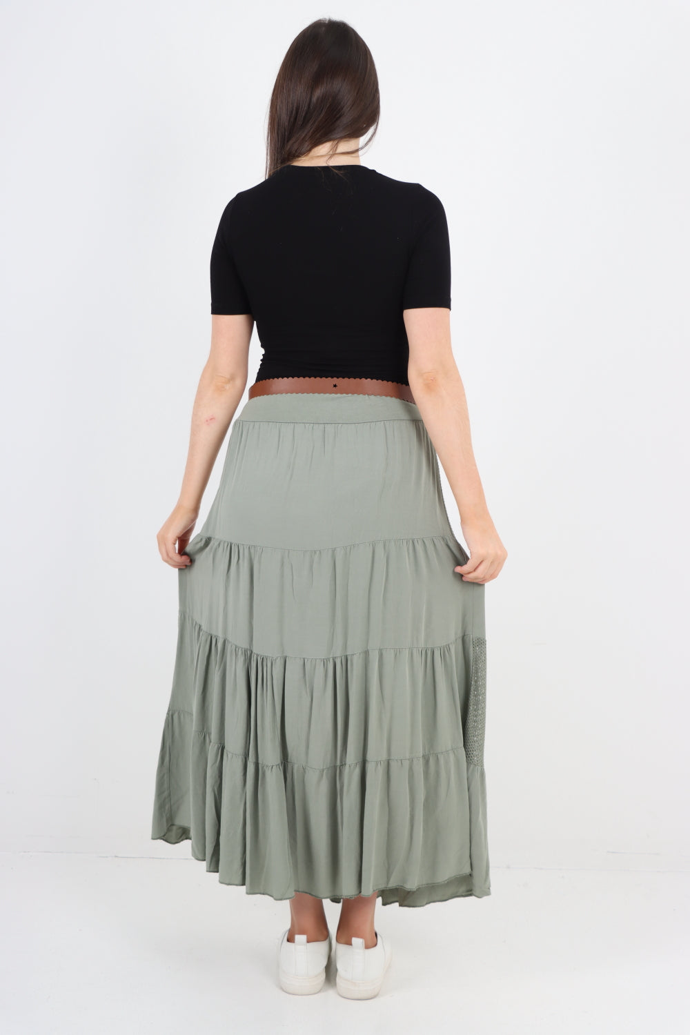 Italian Waist Belted Midi Length Tiered Skirt