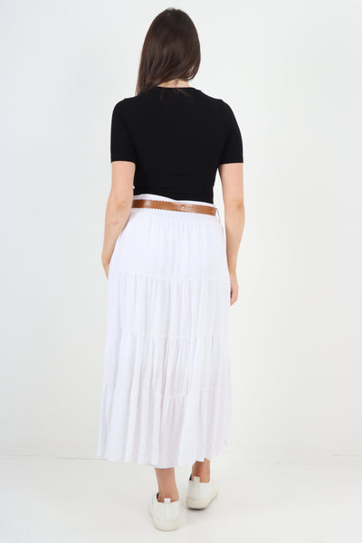 Italian Waist Belted Midi Length Tiered Skirt