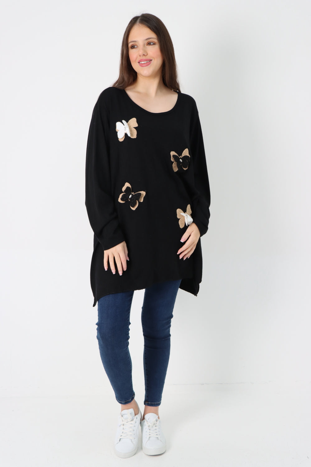 Italian 3D Butterfly Print Soft Knit Tunic Top