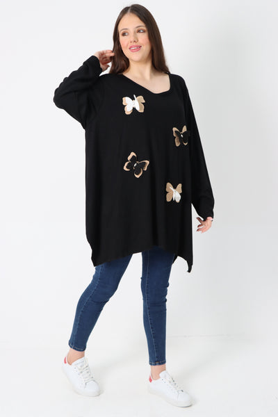 Italian 3D Butterfly Print Soft Knit Tunic Top