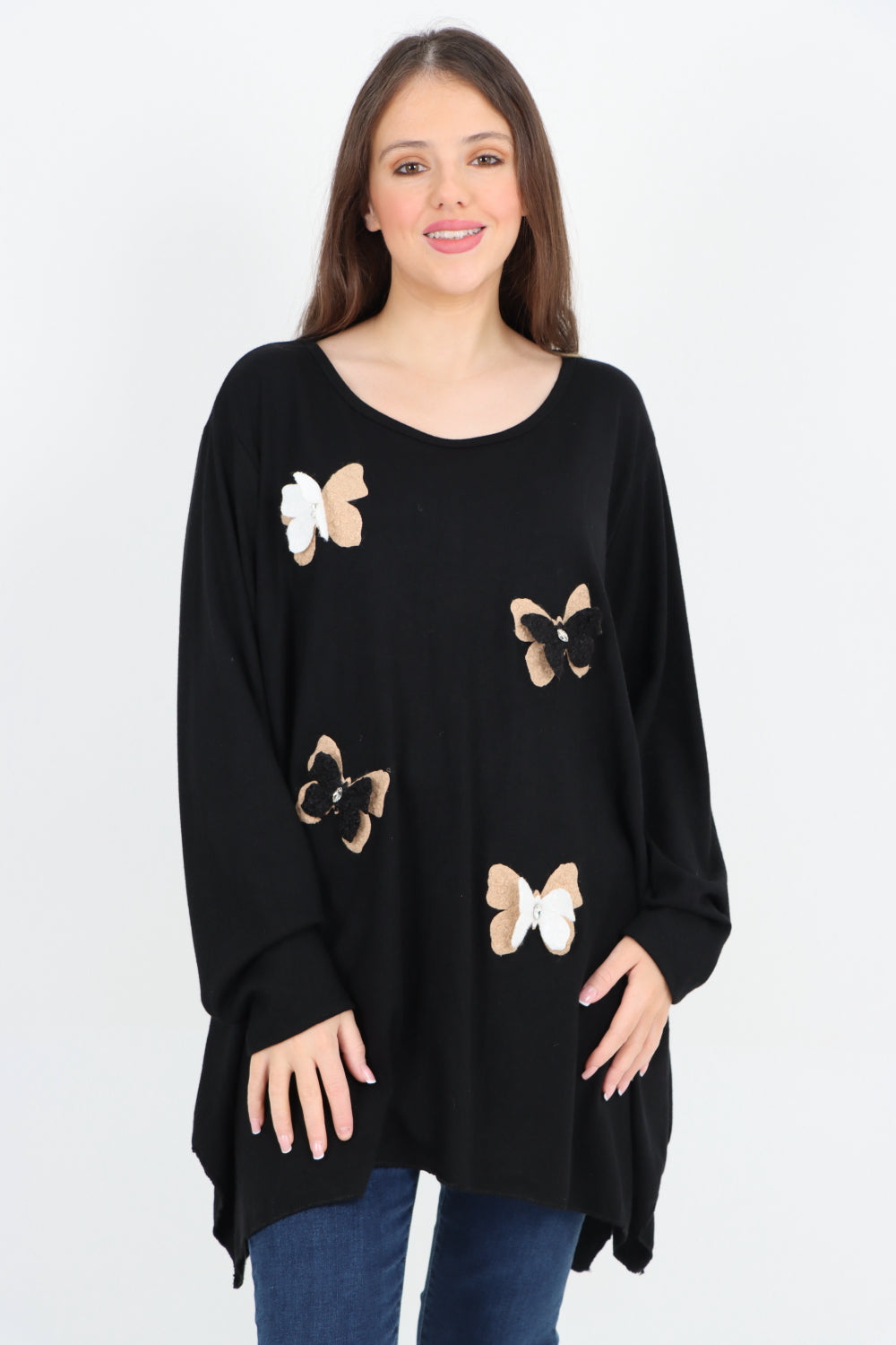 Italian 3D Butterfly Print Soft Knit Tunic Top