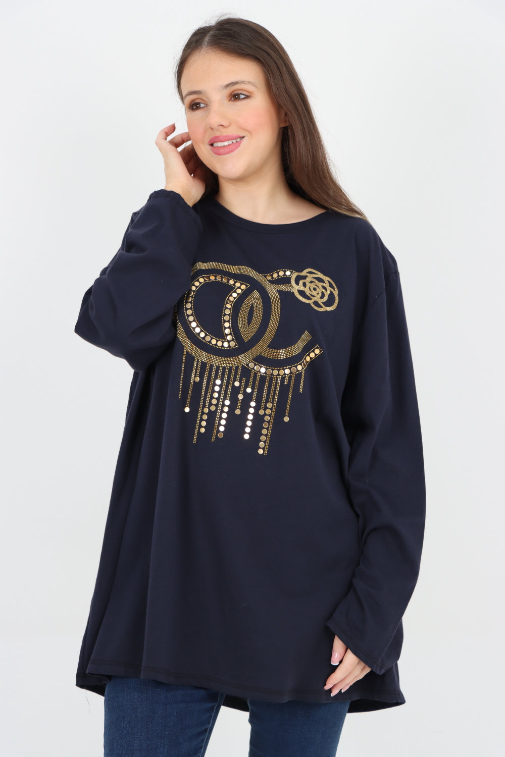 Italian Golden Stud Drip Print Long sleeve Tunic Top