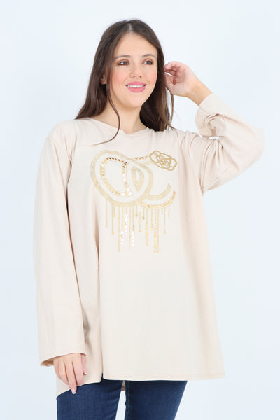 Italian Golden Stud Drip Print Long sleeve Tunic Top