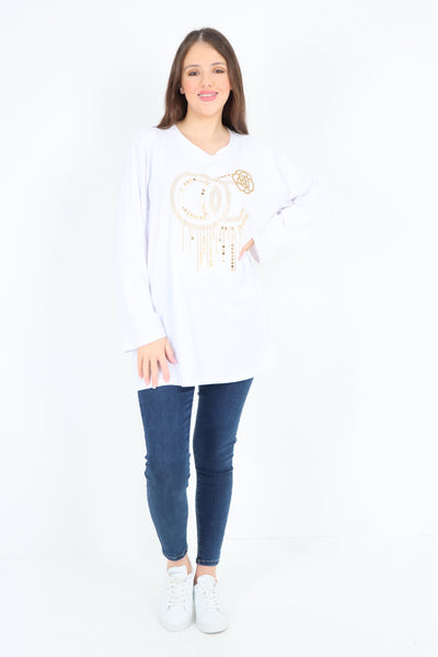 Italian Golden Stud Drip Print Long sleeve Tunic Top