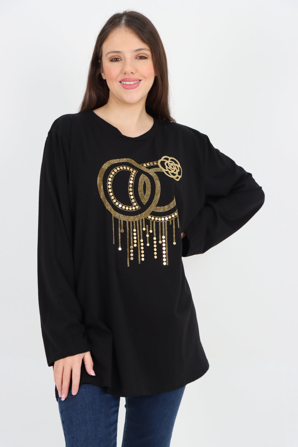 Italian Golden Stud Drip Print Long sleeve Tunic Top