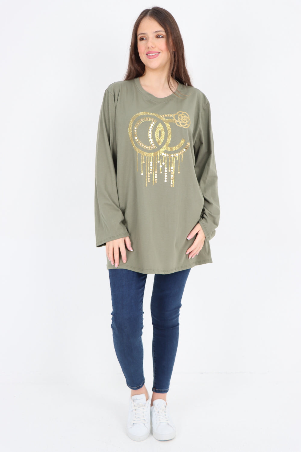 Italian Golden Stud Drip Print Long sleeve Tunic Top