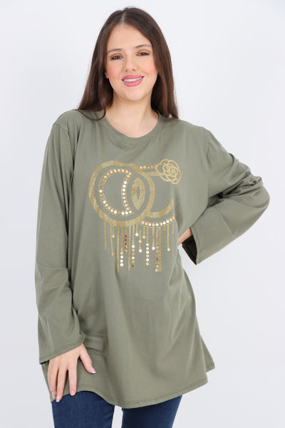 Italian Golden Stud Drip Print Long sleeve Tunic Top