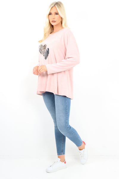 Italian Leopard Heart Diamante Soft Knit Jumper Top