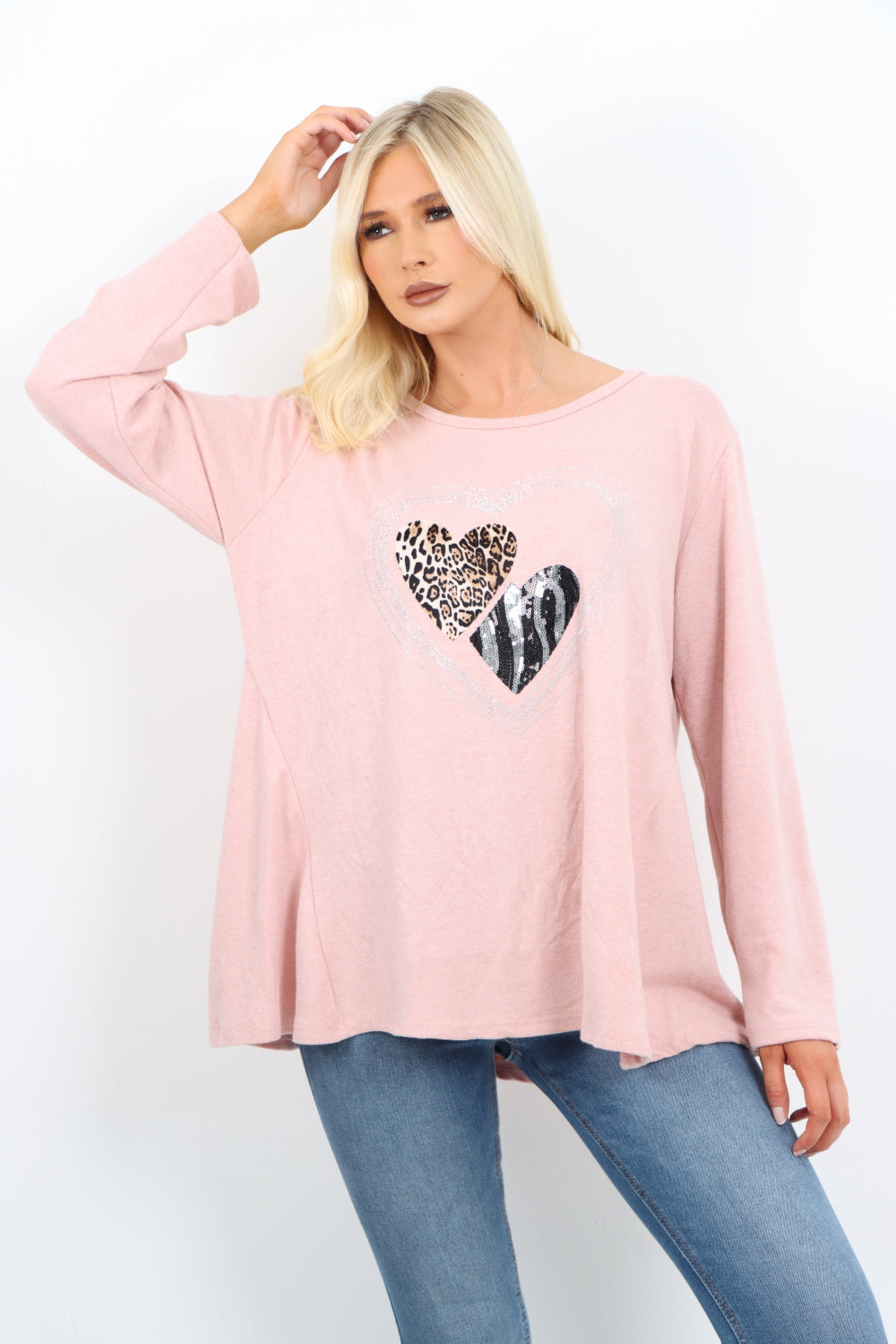 Italian Leopard Heart Diamante Soft Knit Jumper Top