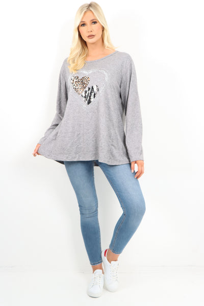 Italian Leopard Heart Diamante Soft Knit Jumper Top