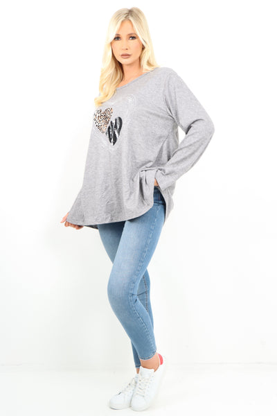 Italian Leopard Heart Diamante Soft Knit Jumper Top