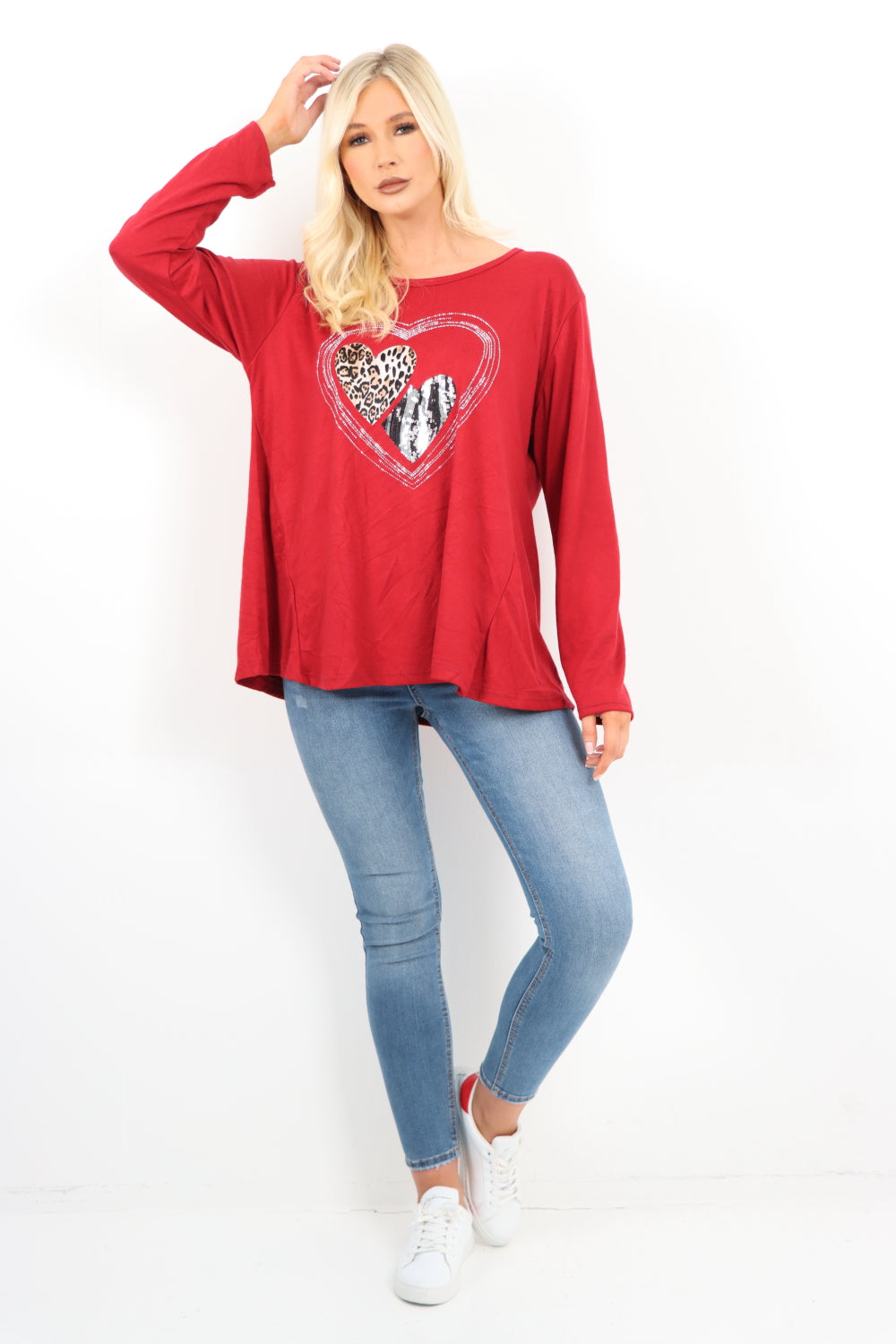 Italian Leopard Heart Diamante Soft Knit Jumper Top