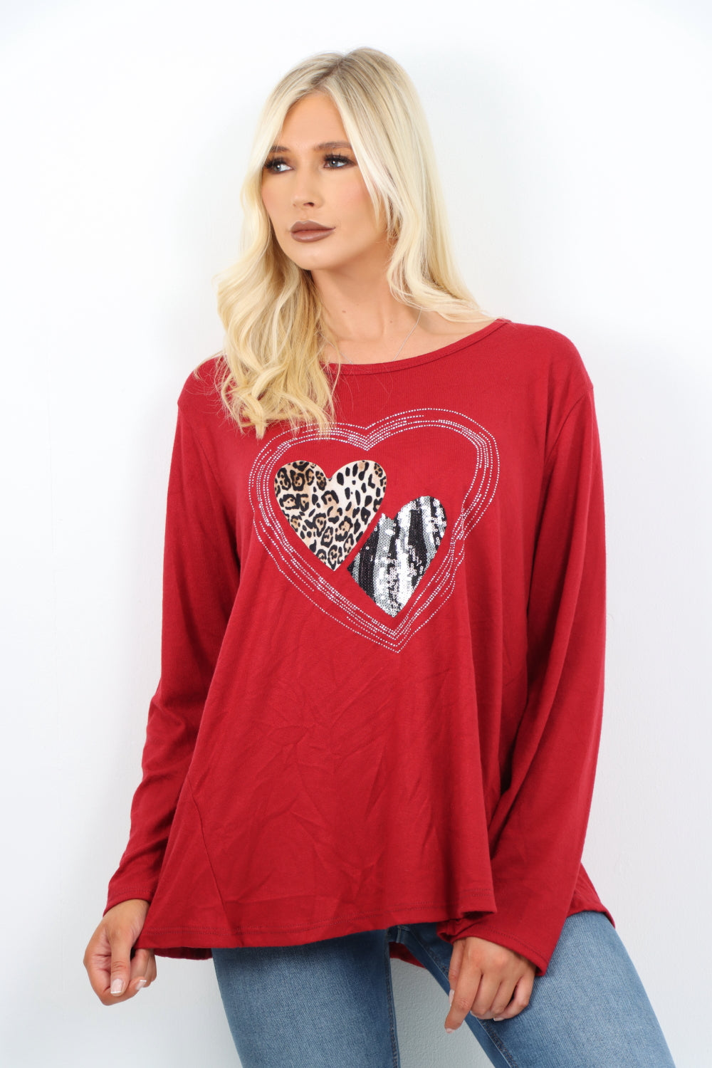 Italian Leopard Heart Diamante Soft Knit Jumper Top