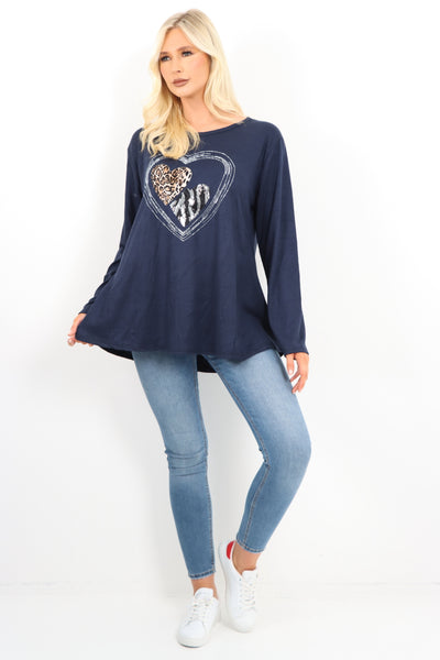 Italian Leopard Heart Diamante Soft Knit Jumper Top