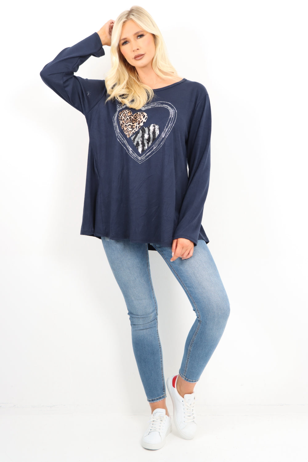 Italian Leopard Heart Diamante Soft Knit Jumper Top