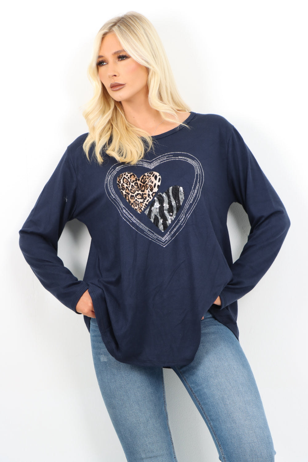 Italian Leopard Heart Diamante Soft Knit Jumper Top