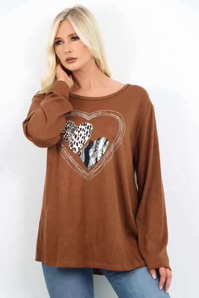 Italian Leopard Heart Diamante Soft Knit Jumper Top