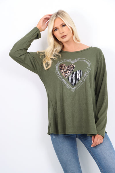 Italian Leopard Heart Diamante Soft Knit Jumper Top