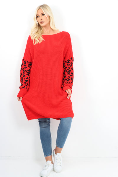 Italian Leopard Print Sleeve Chunky Knit Jumper Dress