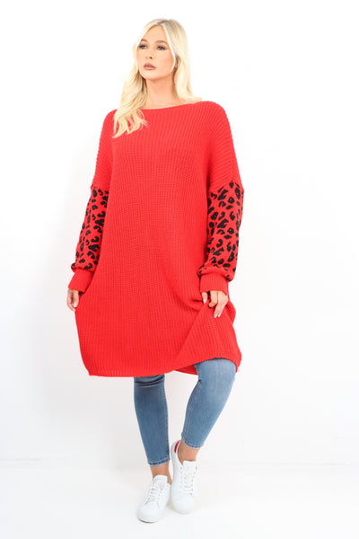 Italian Leopard Print Sleeve Chunky Knit Jumper Dress