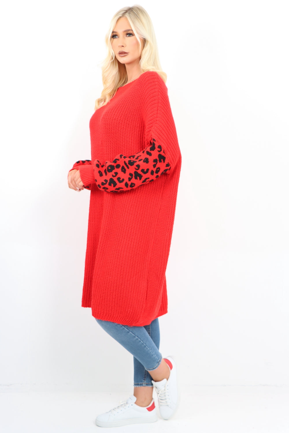 Italian Leopard Print Sleeve Chunky Knit Jumper Dress