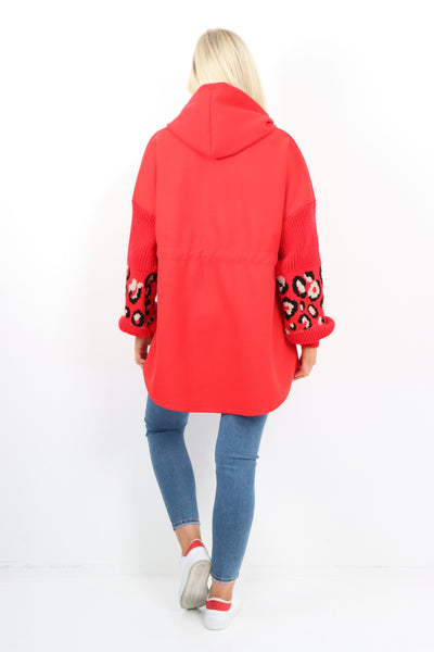 Italian Sueded Zipper Tie Front Hoody with Leopard Print Sleeves Coat