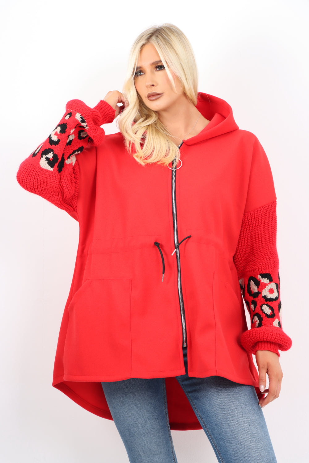 Italian Sueded Zipper Tie Front Hoody with Leopard Print Sleeves Coat