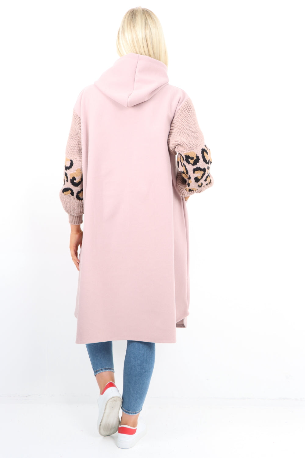 Italian Leopard Print Knitted Sleeve Hooded Zip Up Suede Jacket