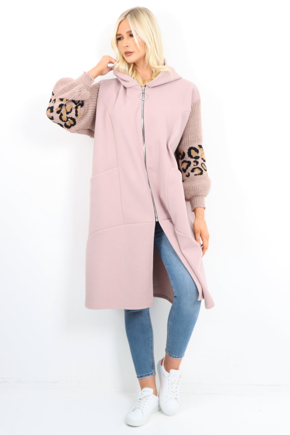 Italian Leopard Print Knitted Sleeve Hooded Zip Up Suede Jacket