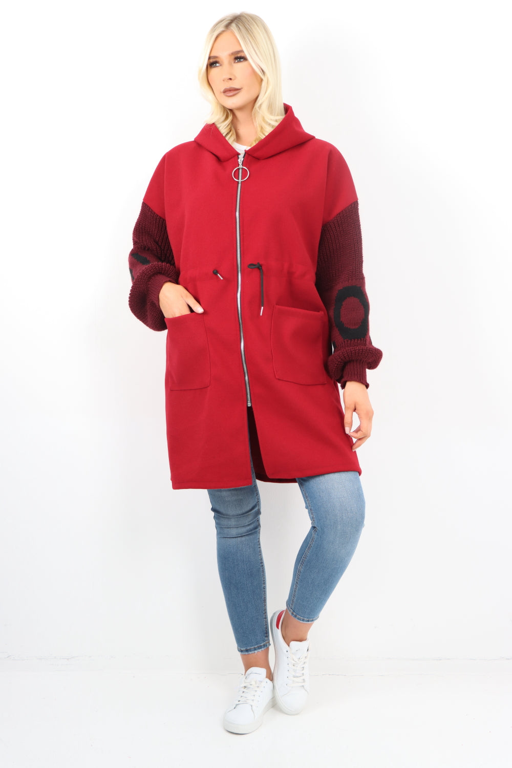 Italian Sueded Zipper Tie Front Hoody with Love Print Sleeves Coat