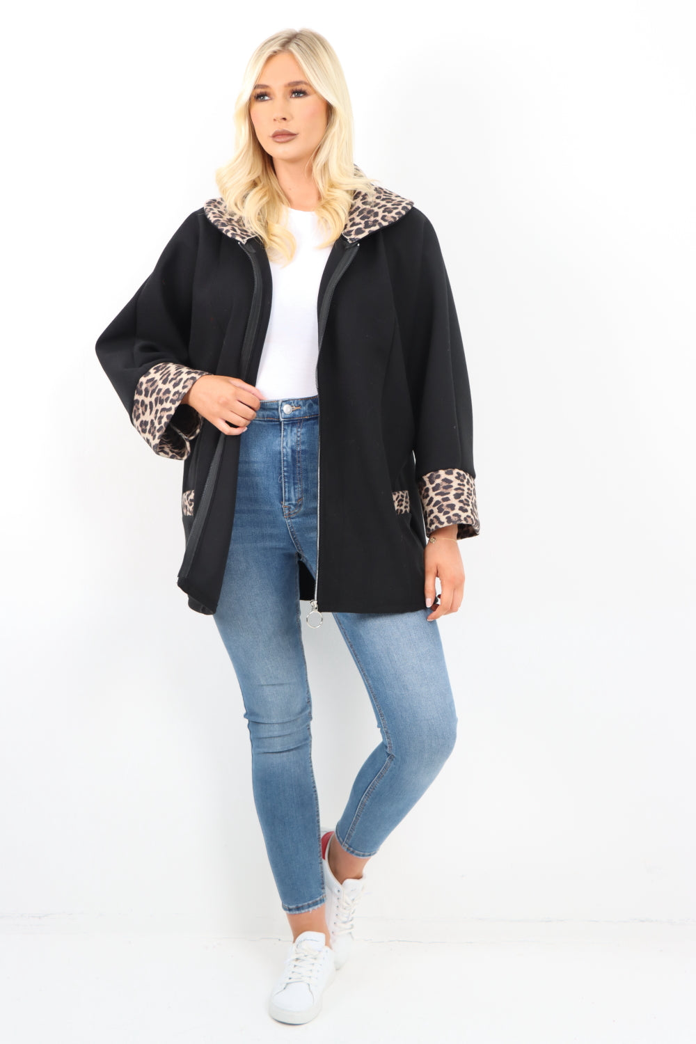 Italian Leopard Collar and Cuff Hand Zip Up Front Pocket Coat