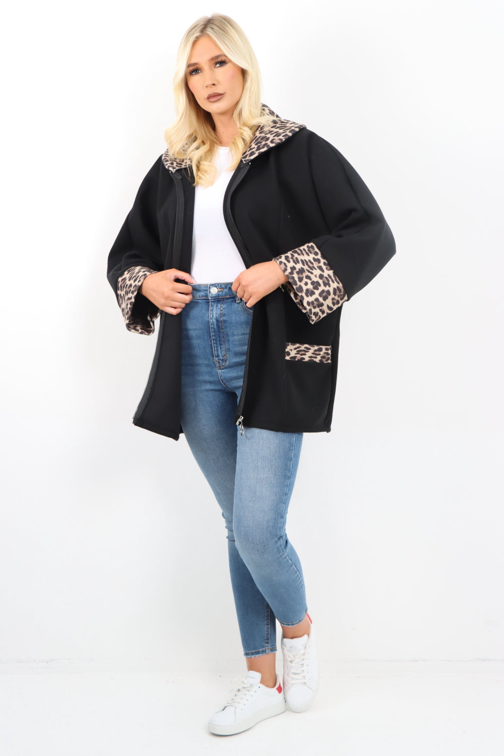 Italian Leopard Collar and Cuff Hand Zip Up Front Pocket Coat