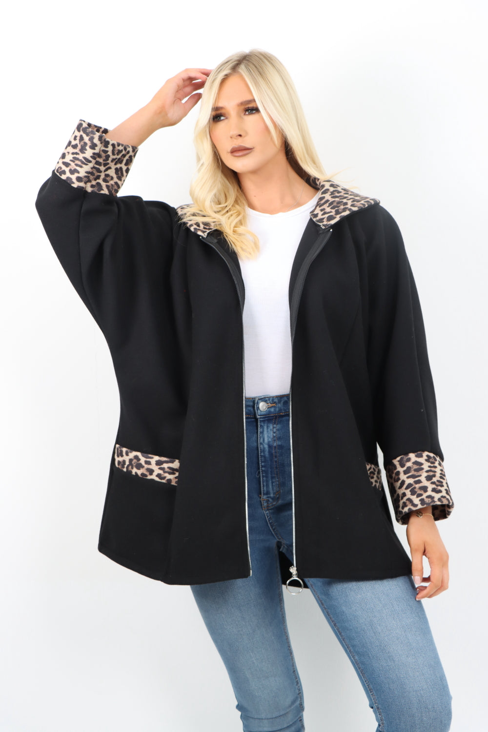 Italian Leopard Collar and Cuff Hand Zip Up Front Pocket Coat