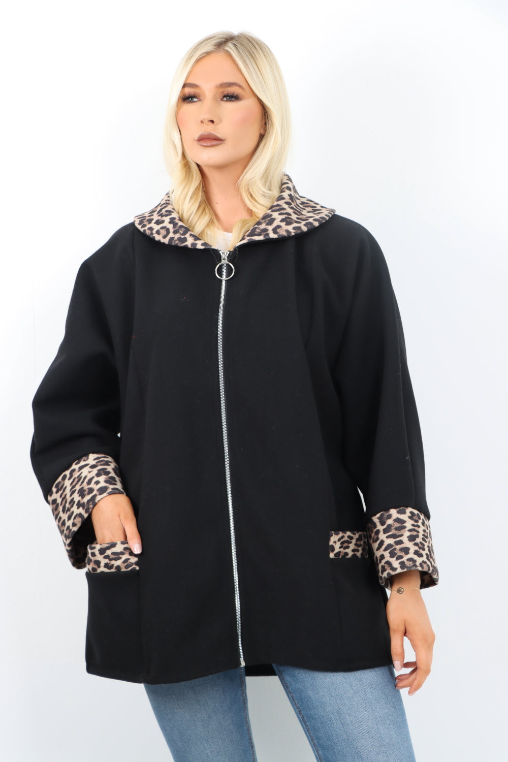 Italian Leopard Collar and Cuff Hand Zip Up Front Pocket Coat