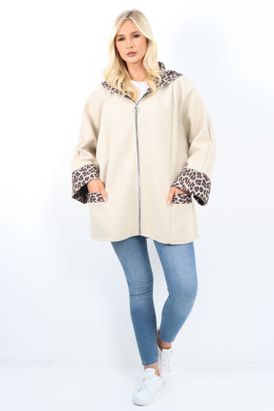 Italian Leopard Collar and Cuff Hand Zip Up Front Pocket Coat