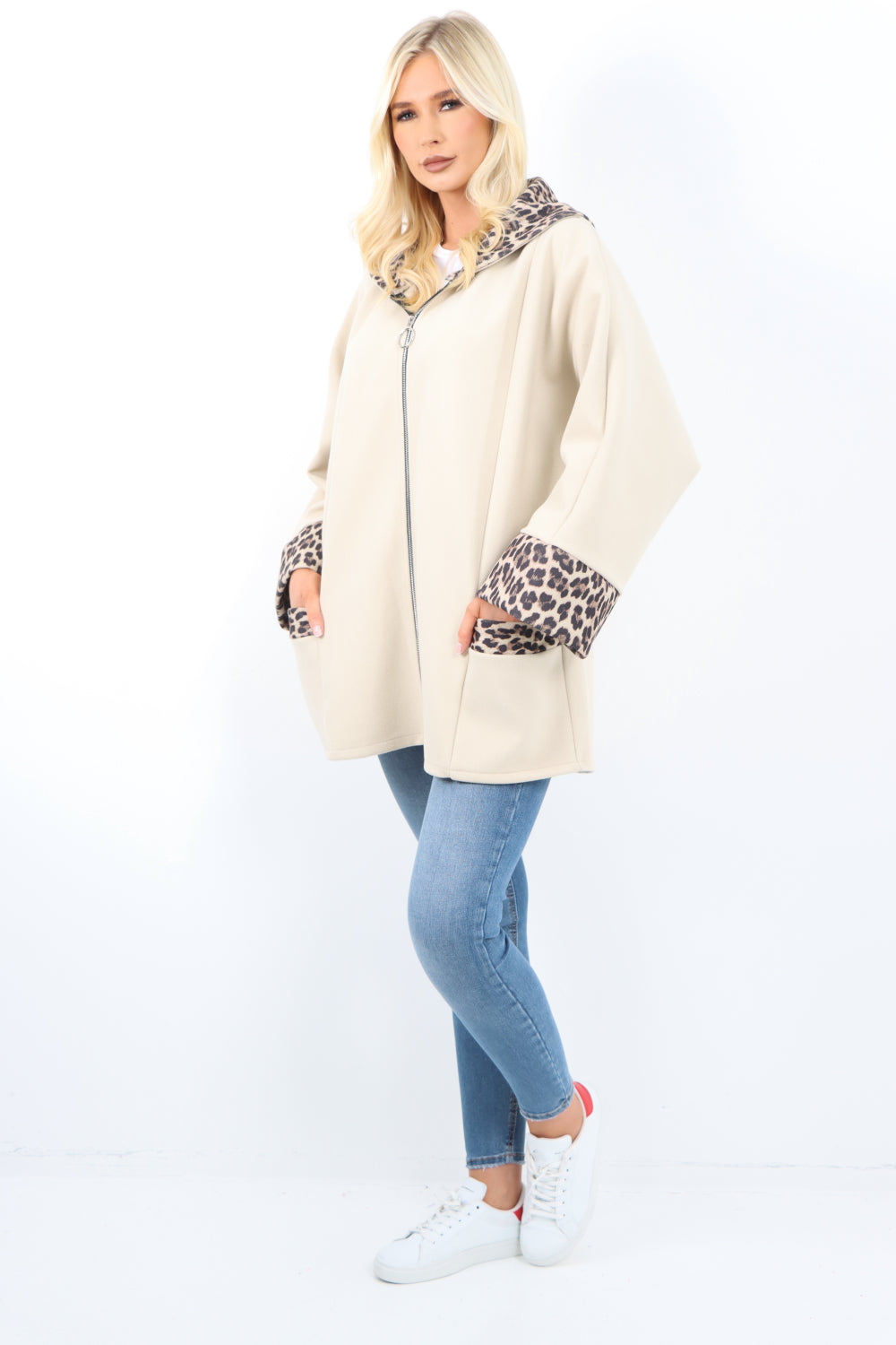 Italian Leopard Collar and Cuff Hand Zip Up Front Pocket Coat