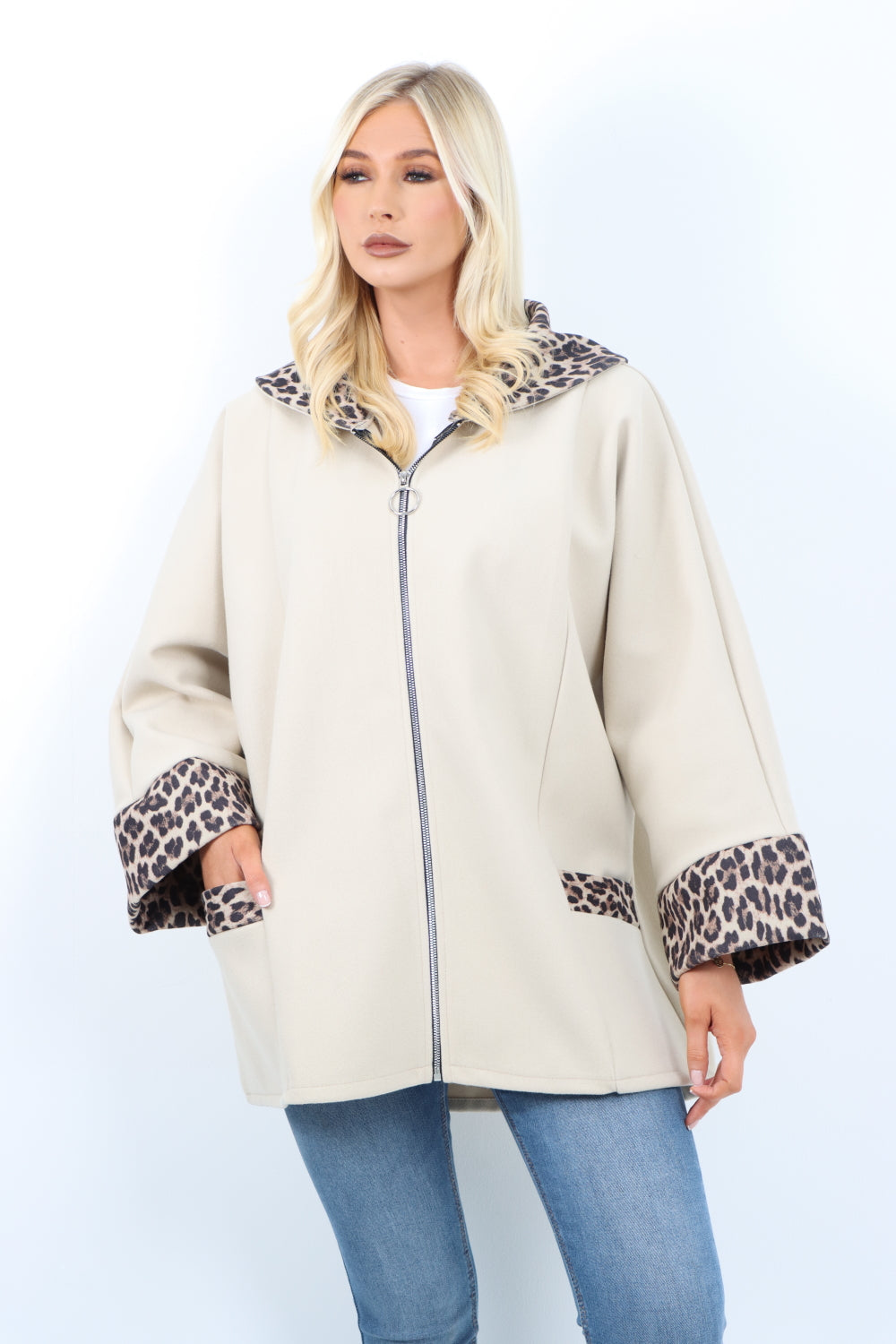 Italian Leopard Collar and Cuff Hand Zip Up Front Pocket Coat