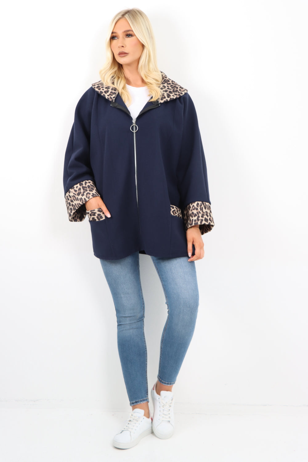 Italian Leopard Collar and Cuff Hand Zip Up Front Pocket Coat