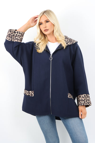 Italian Leopard Collar and Cuff Hand Zip Up Front Pocket Coat