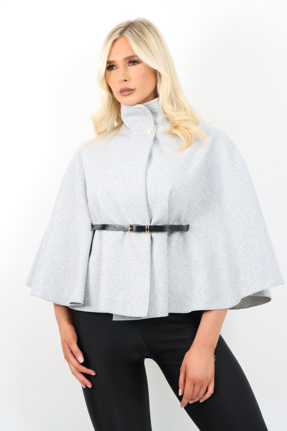 Italian Belted High Neck  Button Cape Coat