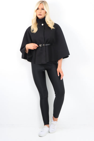 Italian Belted High Neck  Button Cape Coat