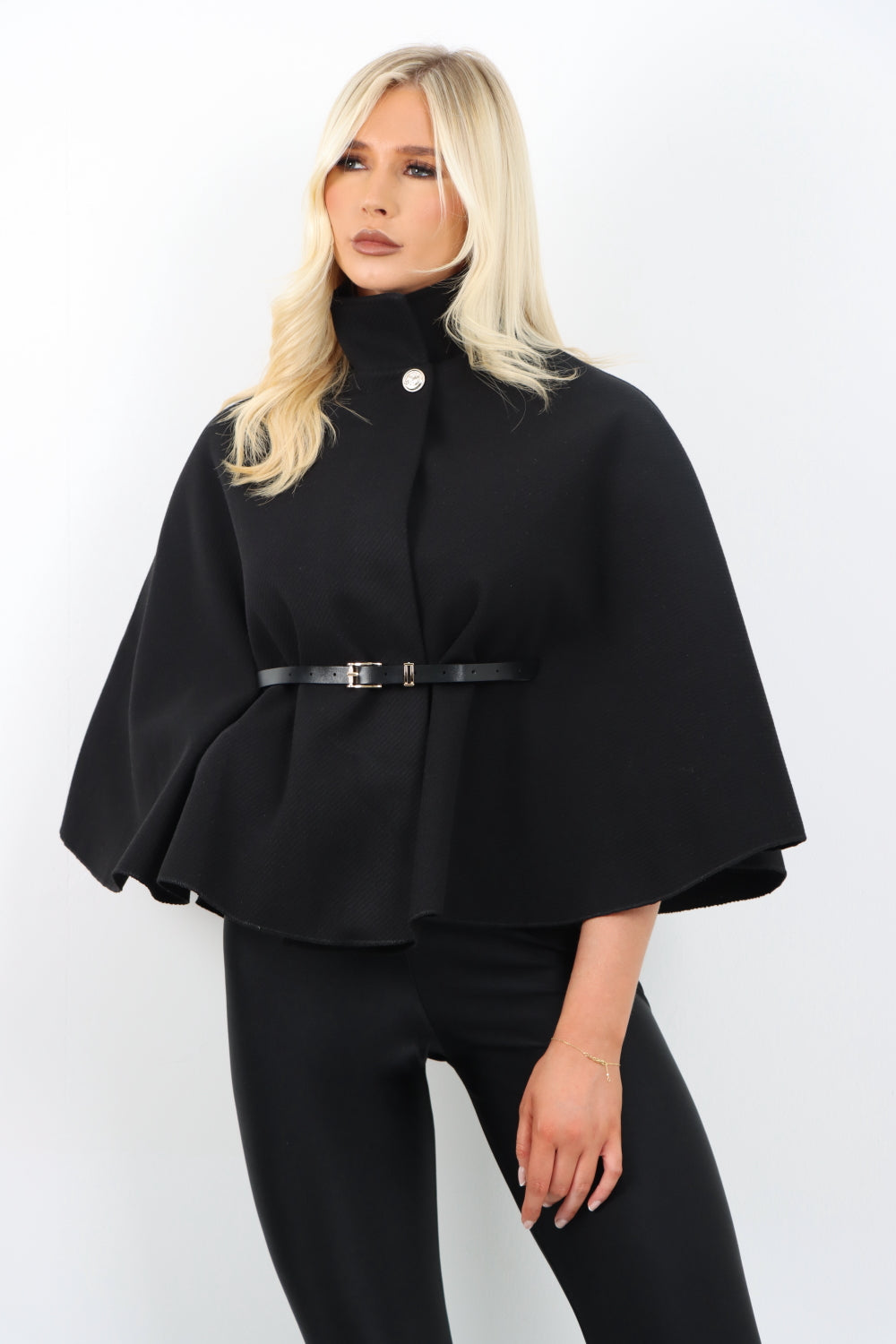 Italian Belted High Neck  Button Cape Coat