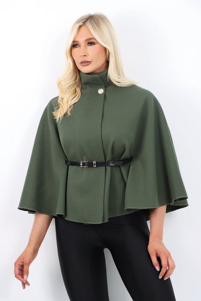 Italian Belted High Neck  Button Cape Coat