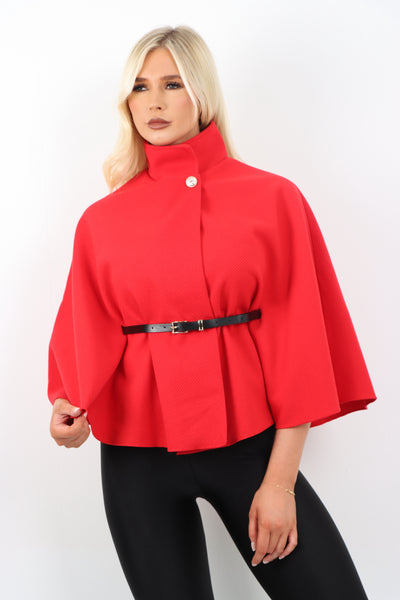 Italian Belted High Neck  Button Cape Coat