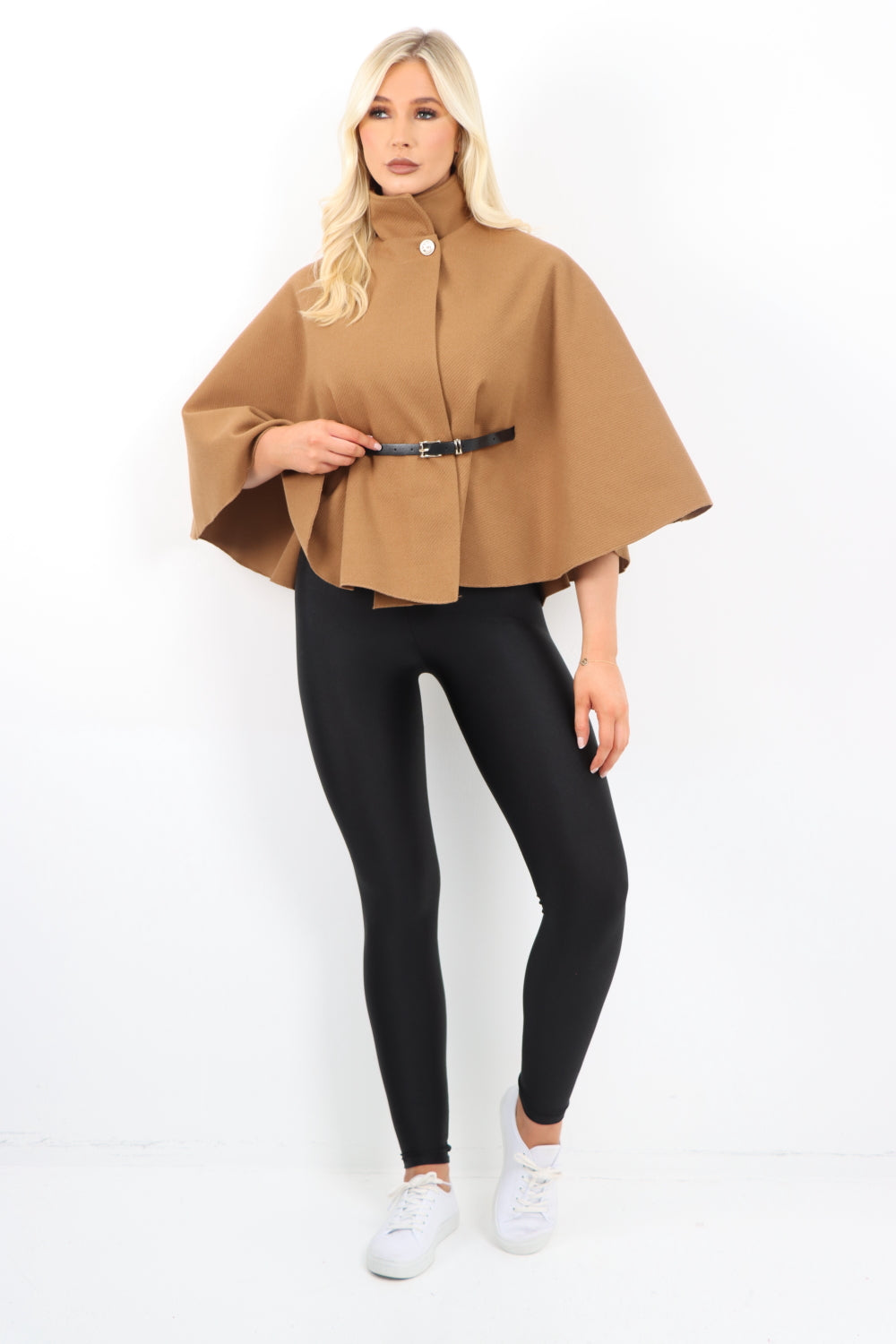 Italian Belted High Neck  Button Cape Coat