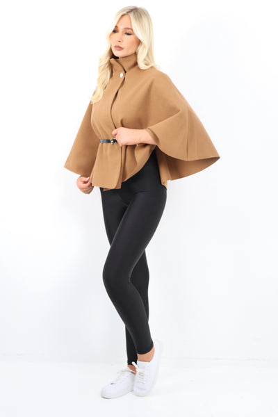 Italian Belted High Neck  Button Cape Coat